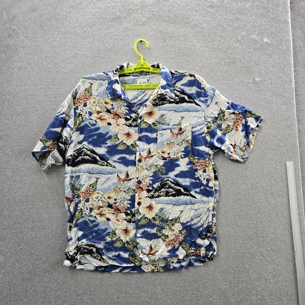 Utility Men Button Up Shirt L Blue Floral Hawaiian Shirt Short Sleeve